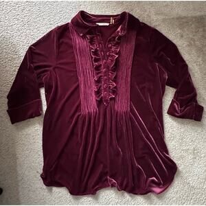 Soft Surroundings Burgundy Velvet Victorian Ruffle Pleated Front Top 1X Holiday